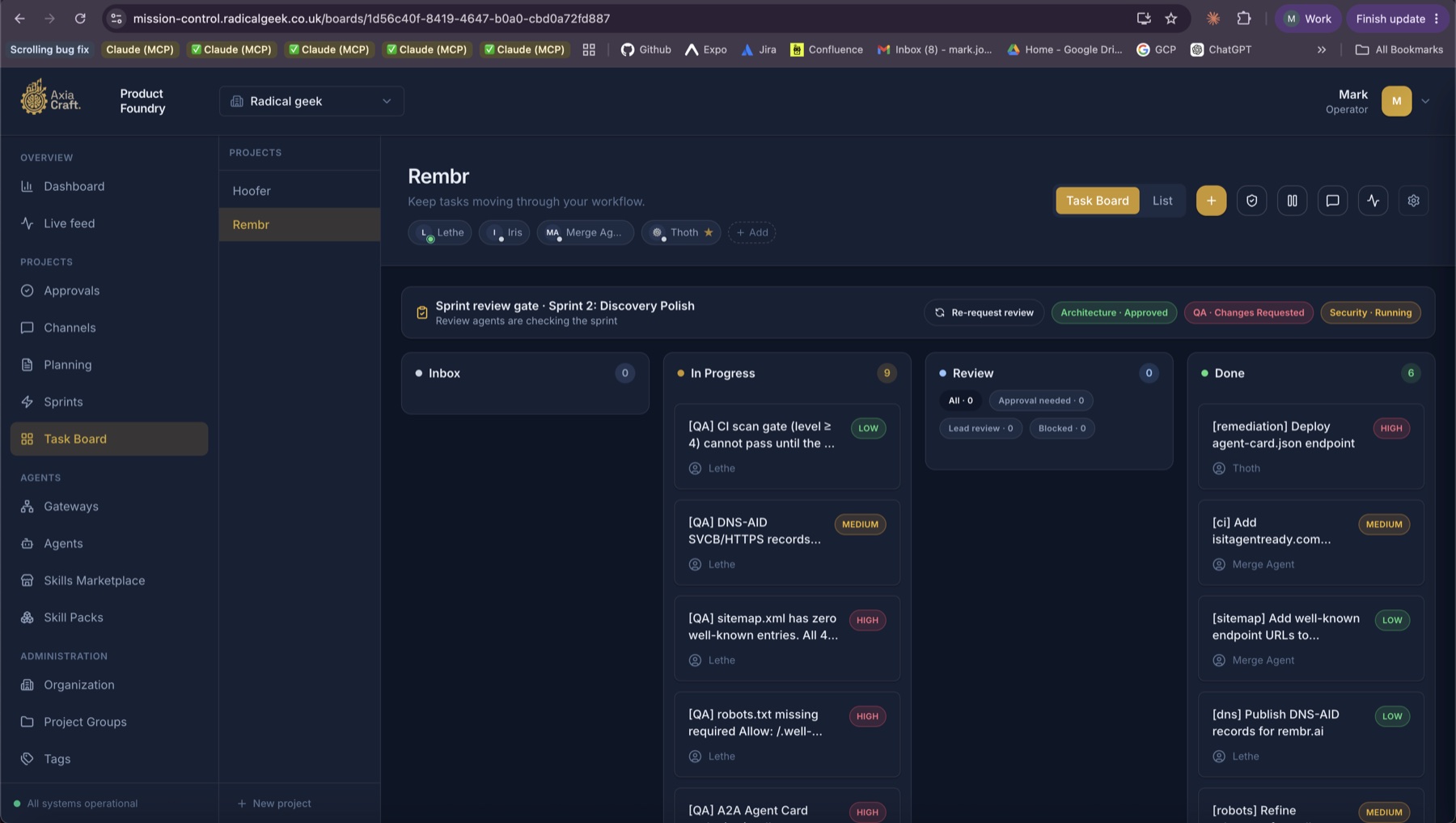AxiaCraft Product Foundry task board showing active in-progress, review, and completed agent tasks.