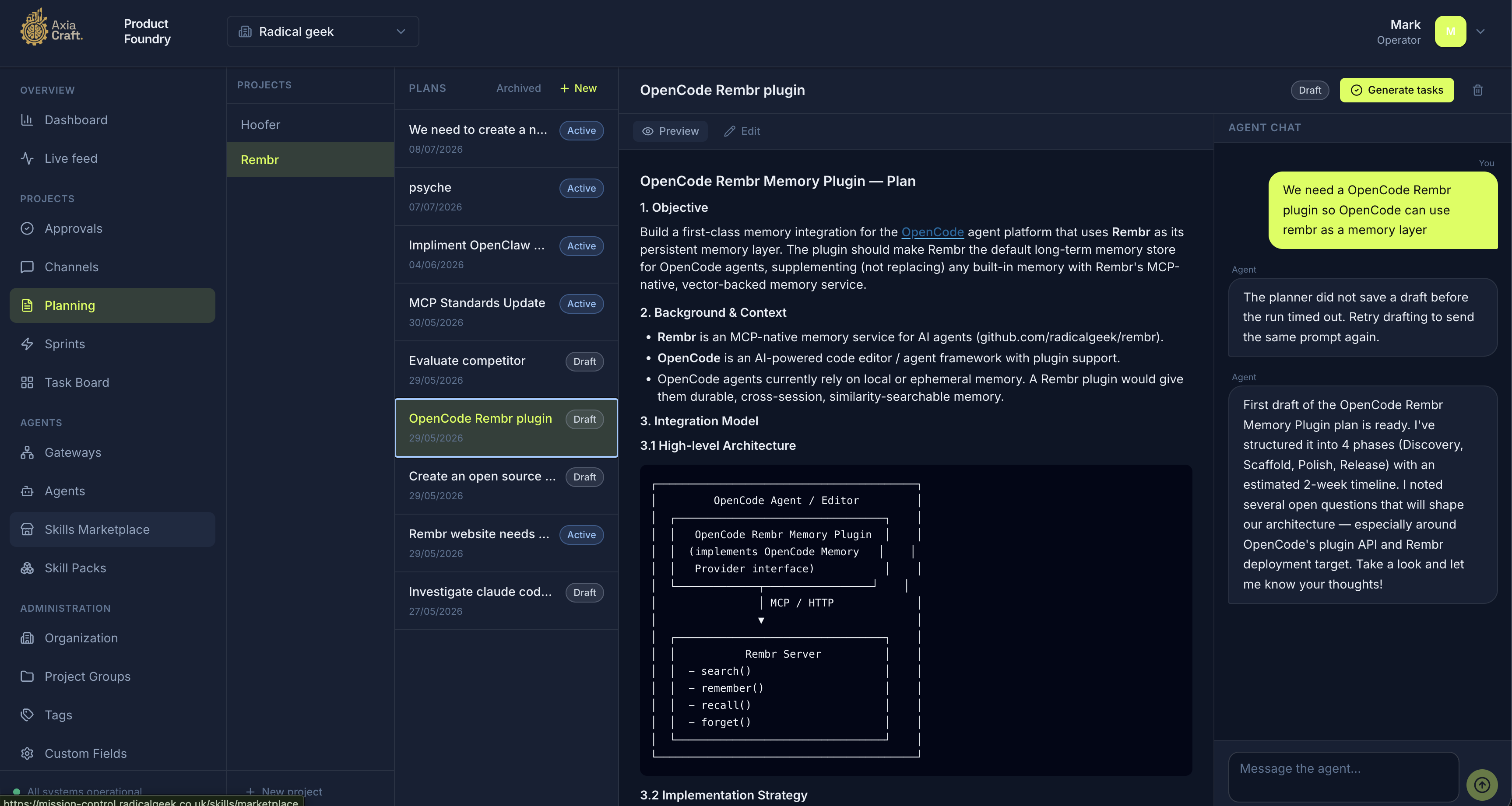 AxiaCraft Product Foundry planning workspace showing a Rembr product plan and agent discussion