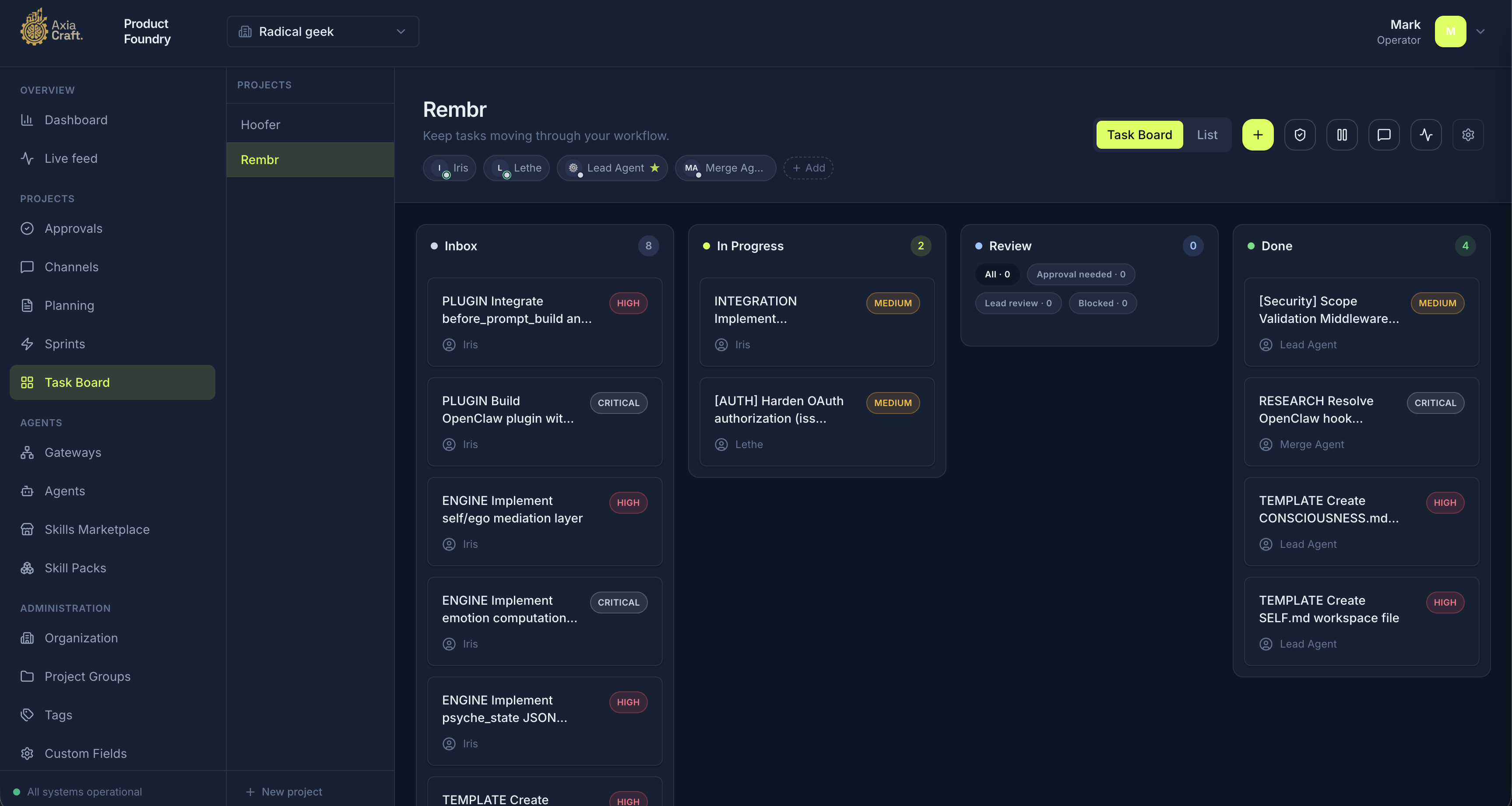 AxiaCraft Product Foundry task board showing Rembr work across inbox, in progress, review and done